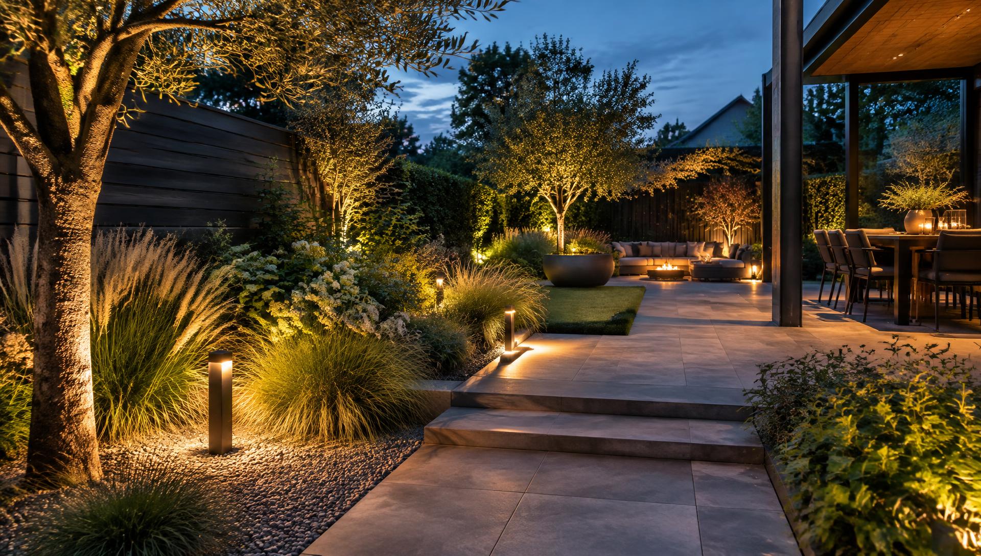 Moderne tuin met warme buitenverlichting
